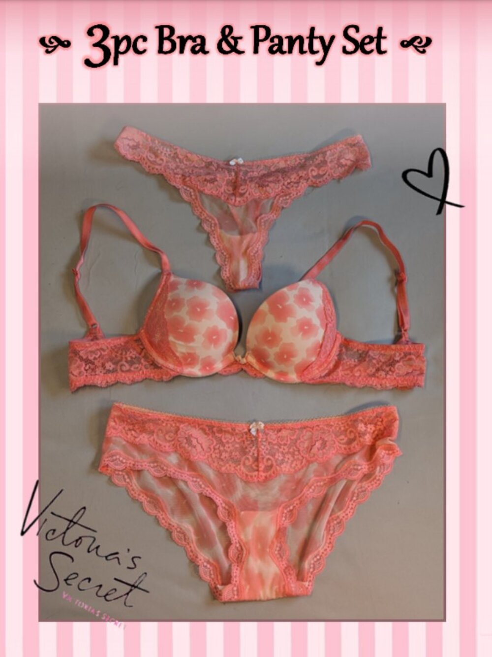 3pc Victoria's Secret Push-Up Bra & Panties, Pink Floral Lace